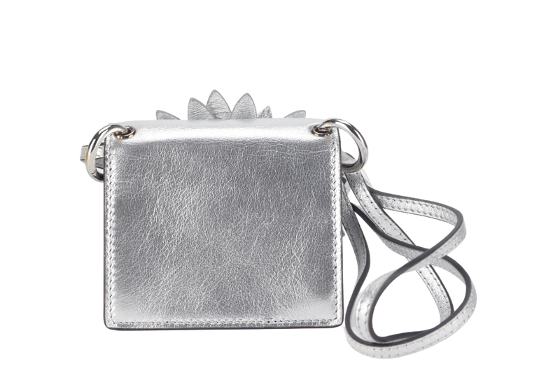 FENDI FLOWER MICRO KAN-I (8BS003) METALLIC SILVER CROSSBODY BAG WITH DUST COVER AND BOX