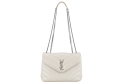 YVES SAINT LAURENT (YSL) LOULOU SMALL LIGHT GREY LEATHER SHOULDER BAG SILVER HARDWARE WITH LEATHER STRAPS, DUST COVER AND BOX