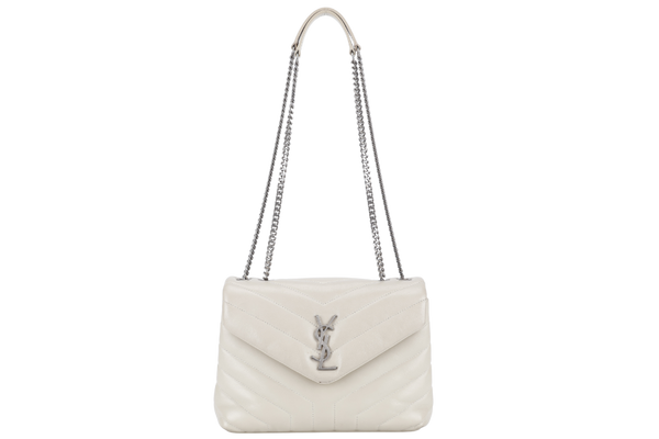 YVES SAINT LAURENT (YSL) LOULOU SMALL LIGHT GREY LEATHER SHOULDER BAG SILVER HARDWARE WITH LEATHER STRAPS, DUST COVER AND BOX