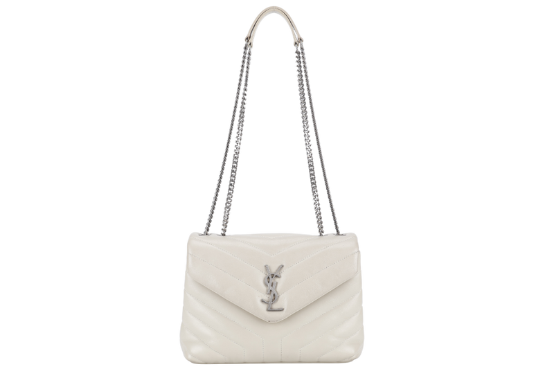 YVES SAINT LAURENT (YSL) LOULOU SMALL LIGHT GREY LEATHER SHOULDER BAG SILVER HARDWARE WITH LEATHER STRAPS, DUST COVER AND BOX