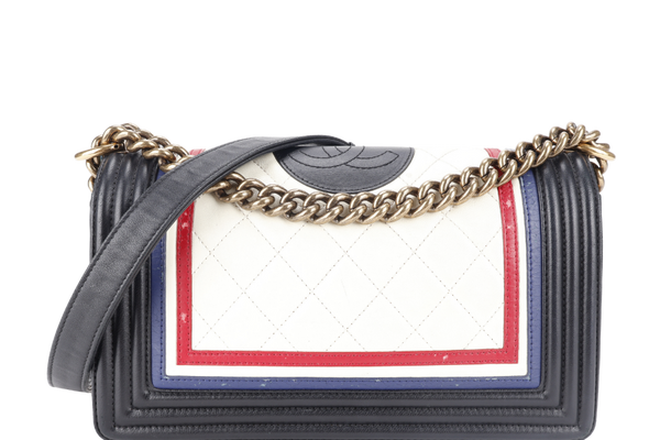CHANEL LEBOY (2191xxxx) CREST BLACK, RED, WHITE & BLUE LAMBSKIN LEATHER GOLD HARDWARE WITH BOX