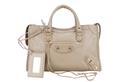 BALENCIAGA SMALL METALLIC EDGE CLASSIC CITY TOTE BEIGE CALFSKIN LEATHER GOLD HARDWARE WITH DUST COVER, STRAPS AND MIRROR