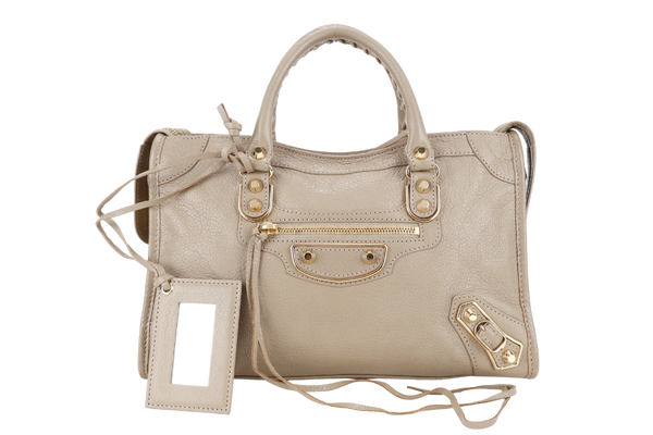 BALENCIAGA SMALL METALLIC EDGE CLASSIC CITY TOTE BEIGE CALFSKIN LEATHER GOLD HARDWARE WITH DUST COVER, STRAPS AND MIRROR