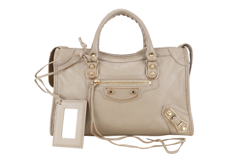BALENCIAGA SMALL METALLIC EDGE CLASSIC CITY TOTE BEIGE CALFSKIN LEATHER GOLD HARDWARE WITH DUST COVER, STRAPS AND MIRROR