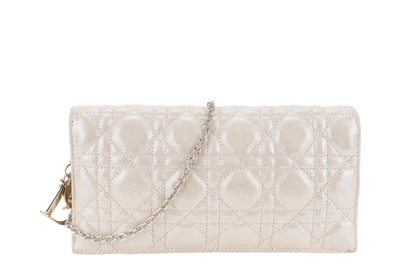 CHRISTIAN DIOR METALLIC GOLD FABRIC CANNAGE FOLDED CLUTCH GOLD HARDWARE WITH CHAIN, DUST COVER AND BOX