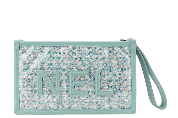CHANEL GREEN TWEED PVC LAMBSKIN CHANEL LOGO WRISTLET POUCH (2081xxxx) GOLD HARDWARE WITH DUST COVER AND CARD