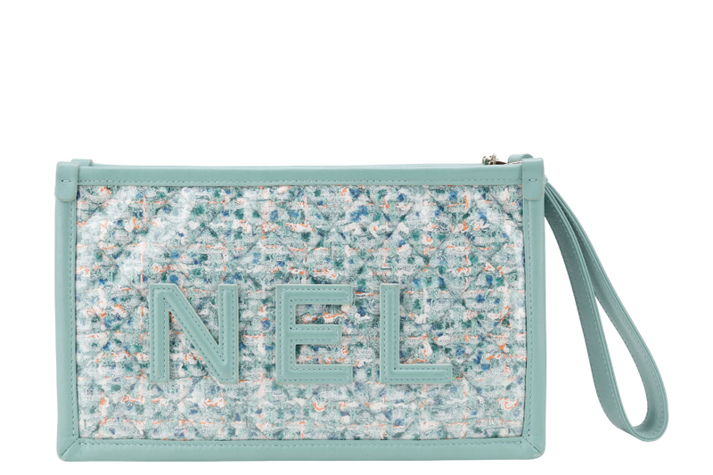CHANEL GREEN TWEED PVC LAMBSKIN CHANEL LOGO WRISTLET POUCH (2081xxxx) GOLD HARDWARE WITH DUST COVER AND CARD