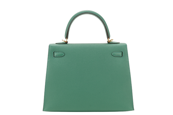 HERMES KELLY 25 SELLIER STAMP A (YEAR 2017) VERT VERTIGO EPSOM LEATHER GOLD HARDWARE WITH STRAP, KEYS, LOCK AND DUST COVER