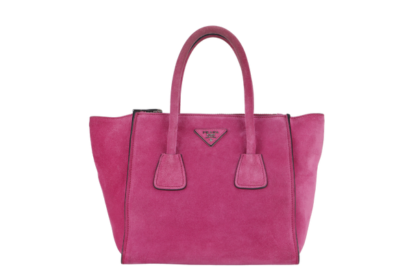 PRADA 2WAYS BAG (BN2625) MEDIUM PINK SUEDE SILVER HARDWARE WITH DUST COVER AND STRAP