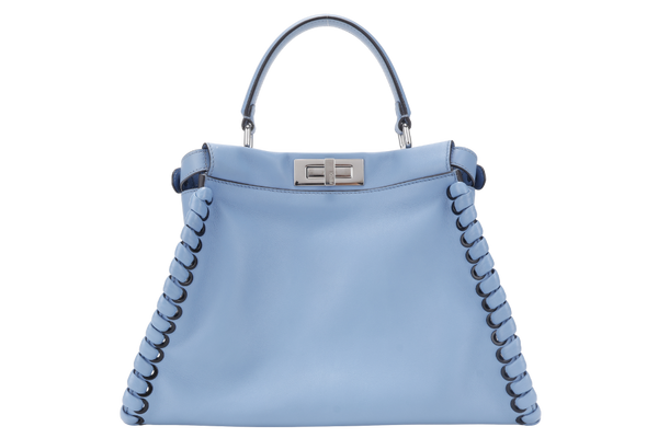FENDI PEEKABOO (8BN290-81P-188-10429) BLUE GRAINED CALF LEATHER SILVER HARDWARE WITH RAINCOAT, STRAPS AND DUST COVER
