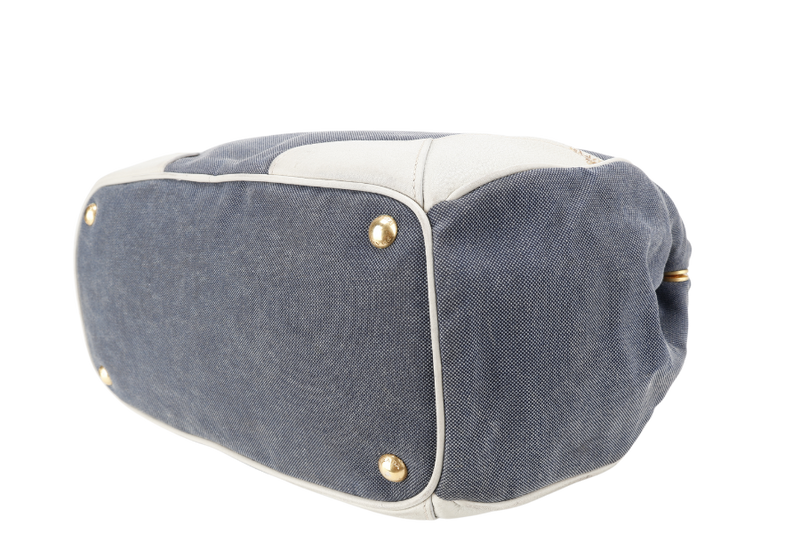 PRADA BLUE DENIM TOTE BAG WHITE LEATHER GOLD HARDWARE NO DUST COVER