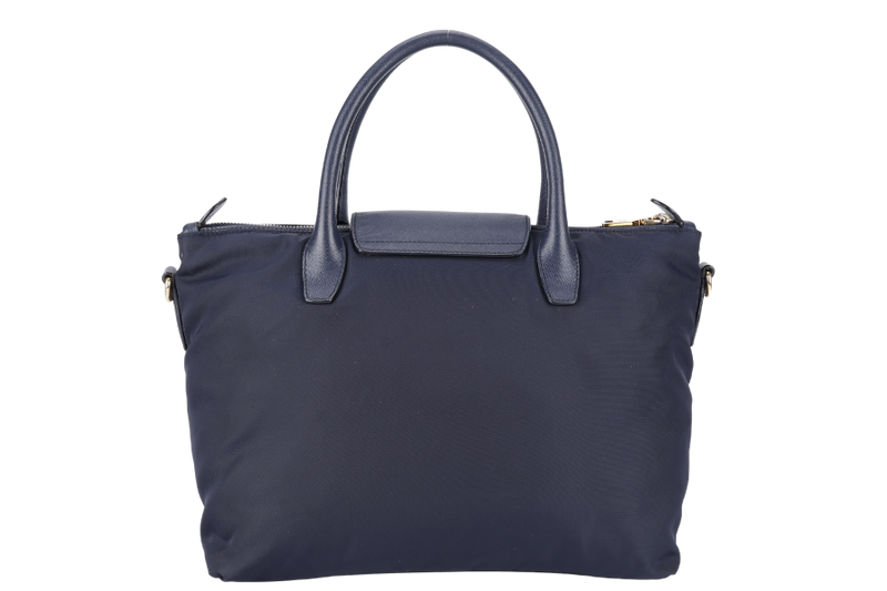 PRADA BN2106 TOTE BAG NAVY BLUE NYLON GOLD HARDWARE WITH DUST COVER AND LONG STRAPS