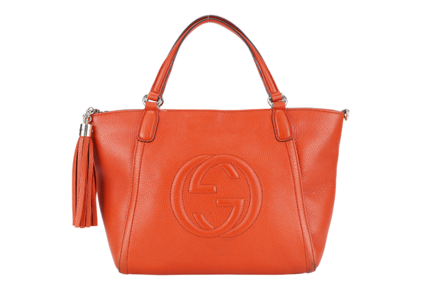 GUCCI SOHO TOP HANDLE BAG SUN ORANGE CALF LEATHER SILVER HARDWARE WITH LONG STRAPS NO DUST COVER