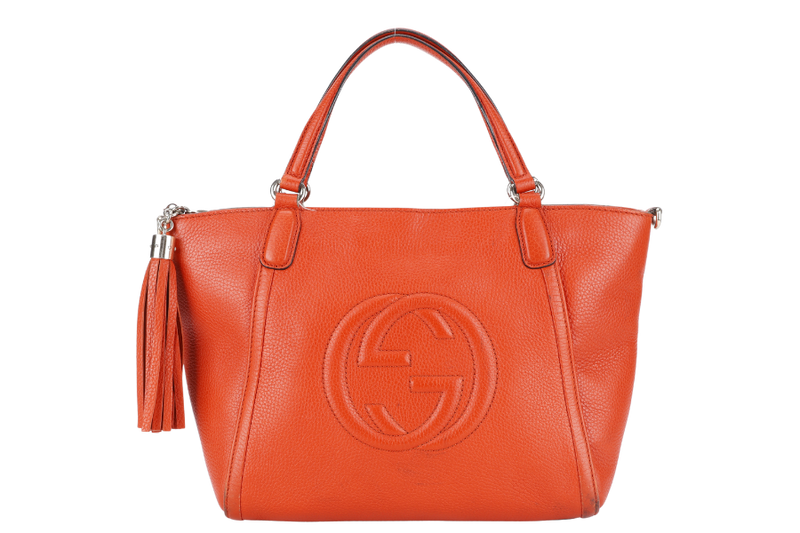 GUCCI SOHO TOP HANDLE BAG SUN ORANGE CALF LEATHER SILVER HARDWARE WITH LONG STRAPS NO DUST COVER