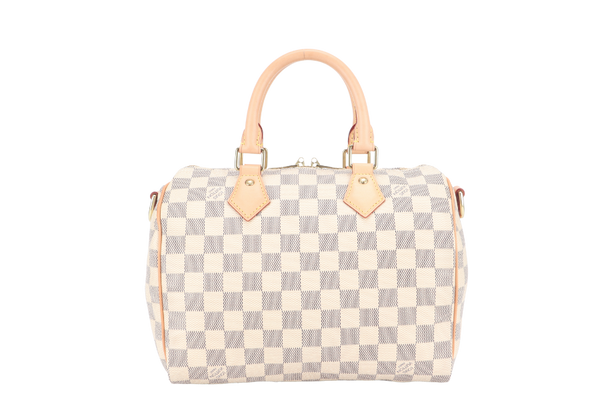 LOUIS VUITTON SPEEDY BANDOULIERE 25 DAMIER AZUR MONOGRAM COATED CANVAS GOLD HARDWARE WITH DUST COVER