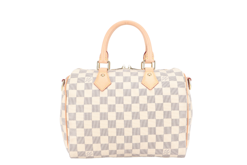LOUIS VUITTON SPEEDY BANDOULIERE 25 DAMIER AZUR MONOGRAM COATED CANVAS GOLD HARDWARE WITH DUST COVER