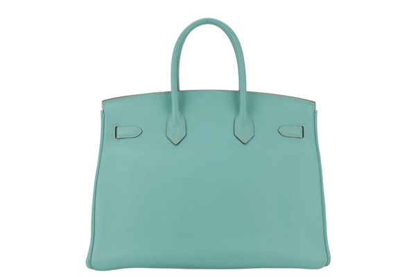 HERMES BIRKIN 35 BLUE AQUA TOGO LEATHER SILVER HARDWARE STAMP M (2009) WITH LOCK&KEYS, RAINCOAT AND DUST COVER