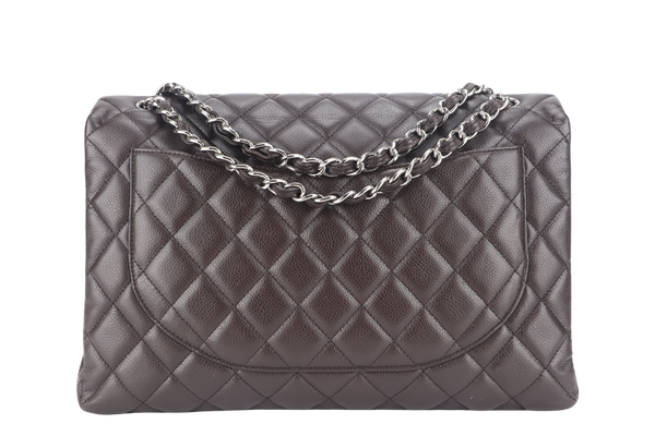 CHANEL CLASSIC FLAP MAXI SINGLE FLAP BROWN CAVIAR SILVER HARDWARE (1401xxxx) WITH CARD, DUST COVER AND BOX