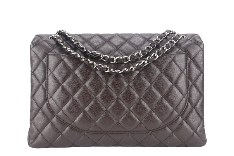 CHANEL CLASSIC FLAP MAXI SINGLE FLAP BROWN CAVIAR SILVER HARDWARE (1401xxxx) WITH CARD, DUST COVER AND BOX