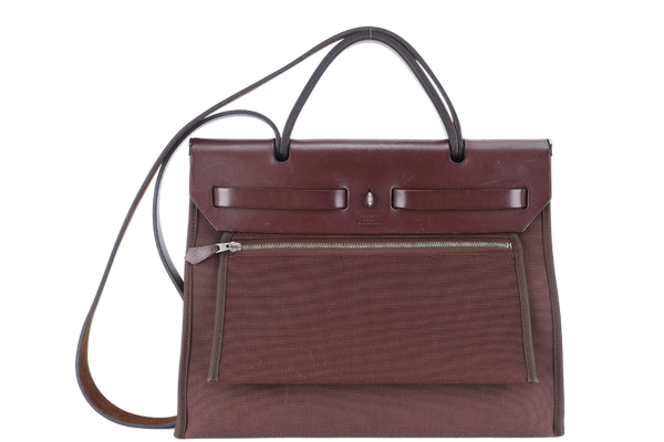 HERMES HERBAG 31 PRUNE CANVAS WITH BROWN LEATHER TRIM STAMP R (2014) SILVER HARDWARE WITH LOCK & KEYS, DUST COVER AND BOX