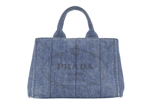 PRADA BN2439 BLUE CANAPA LOGO DENIM SATCHEL HANDBAG GOLD HARDWARE WITH CARD