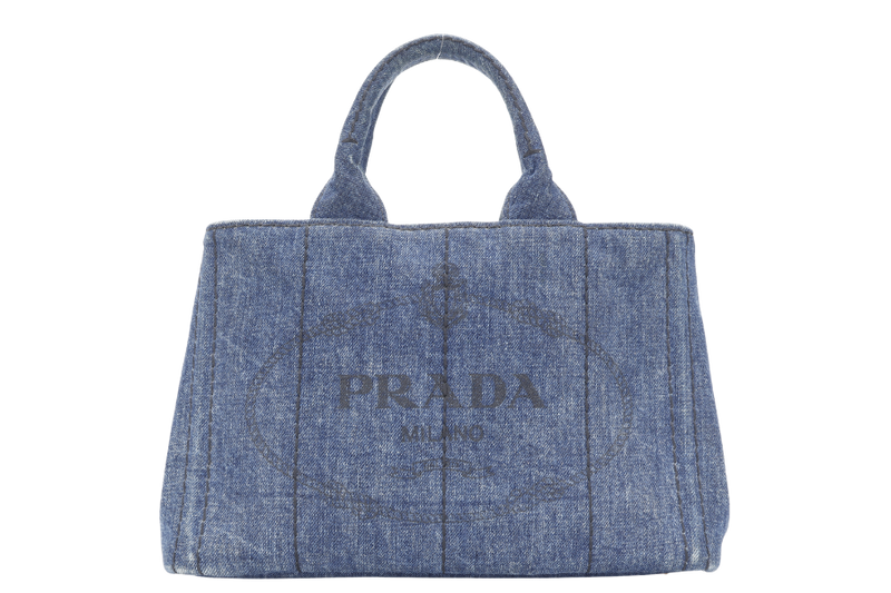 PRADA BN2439 BLUE CANAPA LOGO DENIM SATCHEL HANDBAG GOLD HARDWARE WITH CARD