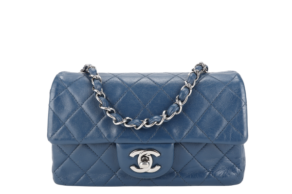 CHANEL BLUE LAMBSKIN MINI RECTANGLE CLASSIC FLAP (1762xxxx) SILVER HARDWARE WITH DUST COVER