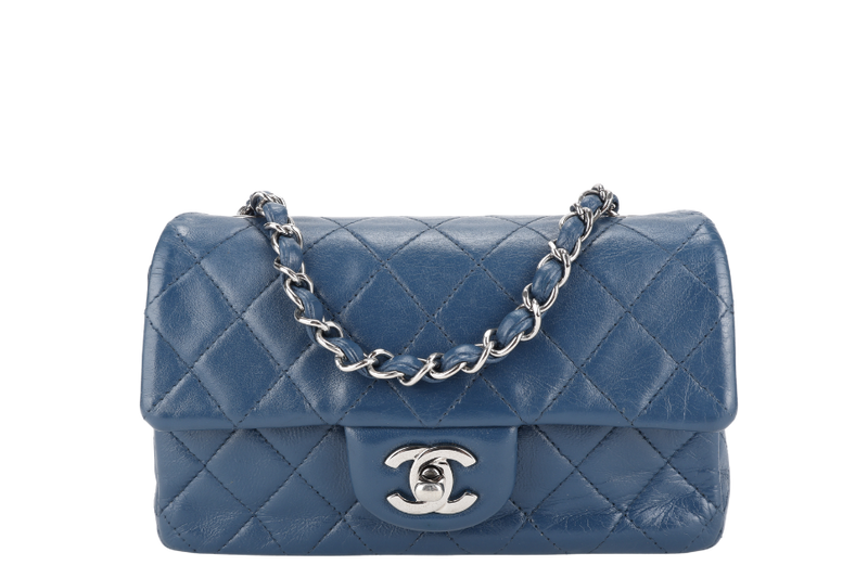 CHANEL BLUE LAMBSKIN MINI RECTANGLE CLASSIC FLAP (1762xxxx) SILVER HARDWARE WITH DUST COVER