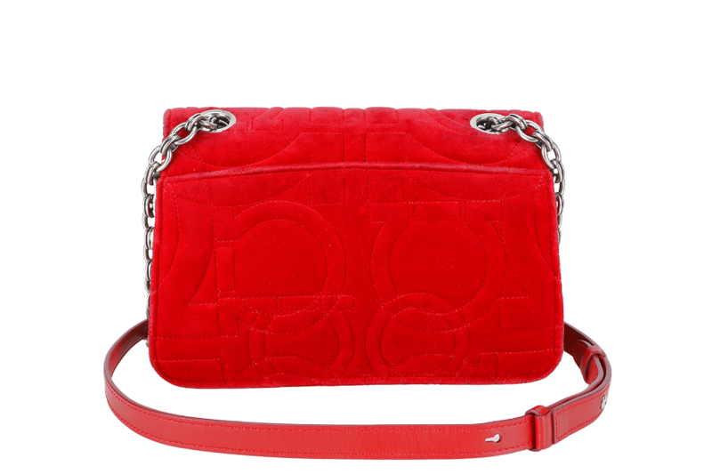 SALVATORE FERRAGAMO 21H248 VELVET RED QUILTED GANCINI CROSSBODY BAG WITH DUST COVER