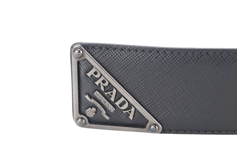 PRADA LOGO BELT BLACK SAFFIANO LEATHER RUTHENIUM HARDWARE WITH DUST COVER AND BOX