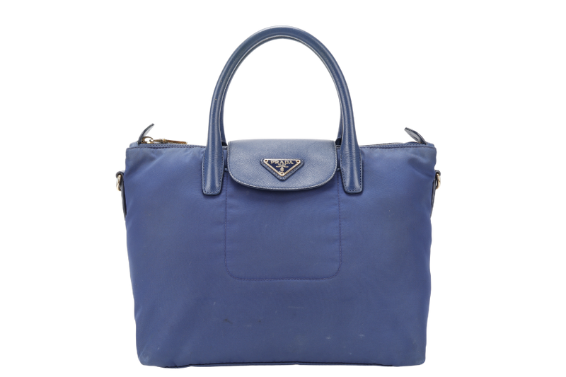 PRADA TESSUTO MEDIUM TOTE (BN2106) NAVY BLUE NYLON GOLD HARDWARE WITH CARD AND STRAPS