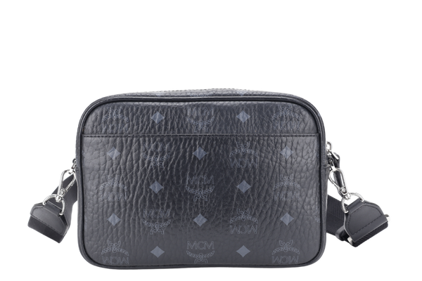 MCM AREN CROSSBODY IN VISETOS SMALL BLACK LEATHER SILVER HARDWARE WITH DUST COVER