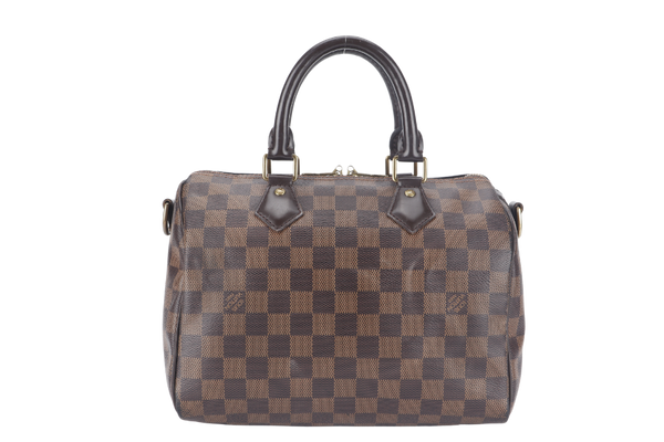 LOUIS VUITTON SPEEDY 25 BANDOULIERE N41368 DAMIER EBENE GOLD HARDWARE (MICROCHIP) WITH STRAPS, DUST COVER AND BOX