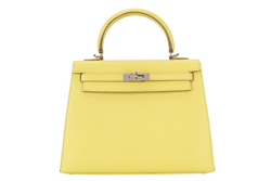 HERMES KELLY 25 SOUFRE COLOR EPSOM LEATHER SILVER HARDWARE STAMP Q (2013) WITH DUST COVER, LOCK, KEYS, RAINCOAT AND STRAPS