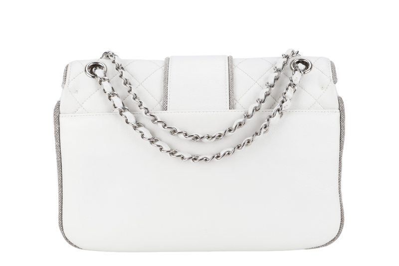 CHANEL WHITE QUILTED LEATHER GLITTER TRIM EDGE SHOULDER BAG SILVER CHAIN 2718xxxx WITH CARD, DUST COVER AND BOX