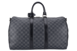 LOUIS VUITTON N41418 KEEPALL BANDOULIERE 45 DAMIER GRAPHITE CANVAS SILVER HARDWARE WITH STRAPS NO DUST COVER