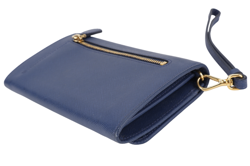 PRADA WRISTLET WALLET DARK BLUE SAFFIANO LEATHER GOLD HARDWARE