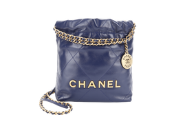 CHANEL MINI 22 (XE8Kxxxx) BLUE SHINY CALF LEATHER GOLD HARDWARE WITH DUST COVER, BOX AND PAPER BAG