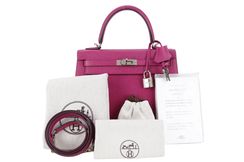 HERMES KELLY 25 SELLIER ROSE POUPRE EPSOM SILVER HARDWARE STAMP A (2017) WITH DUST COVER, LOCK & KEYS, STRAPS AND RAINCOAT