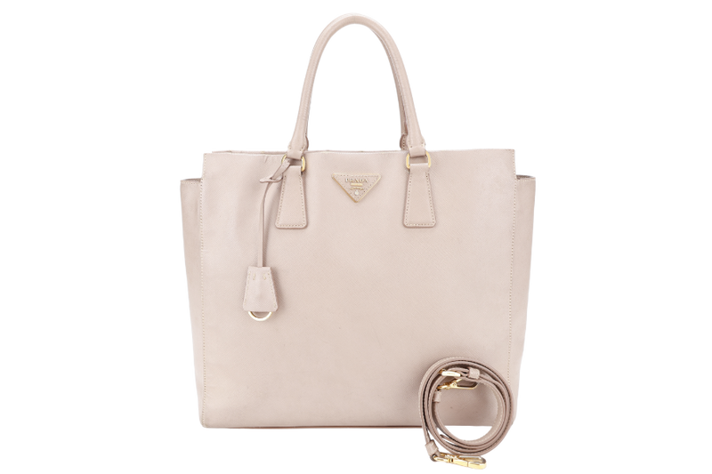 PRADA TALL TOTE BAG BEIGE SAFFIANO LEATHER GOLD HARDWARE WITH STRAPS NO DUST COVER