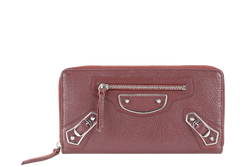 BALENCIAGA EDGE CONTINENTAL MAROON LEATHER ZIPPY WALLET SILVER HARDWARE WITH DUST COVER