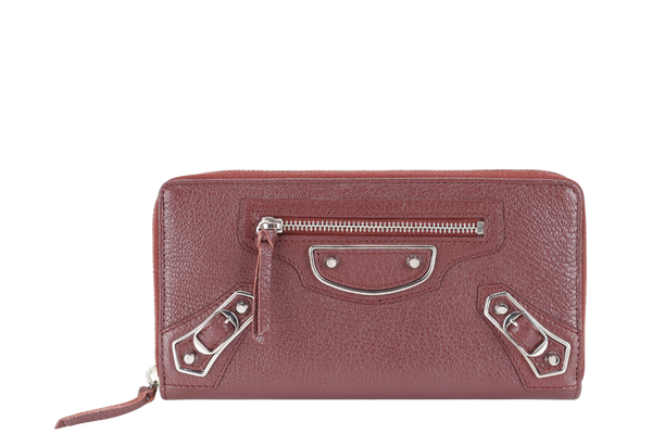 BALENCIAGA EDGE CONTINENTAL MAROON LEATHER ZIPPY WALLET SILVER HARDWARE WITH DUST COVER