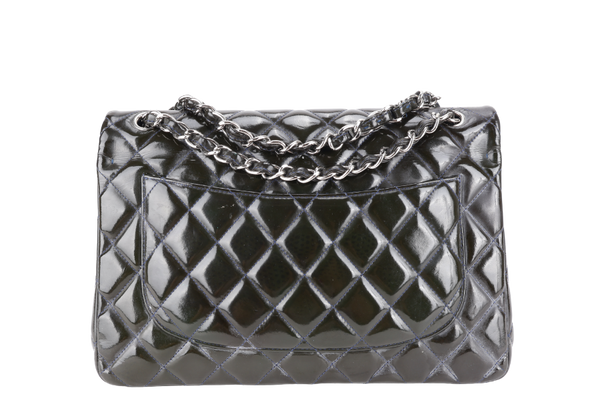 CHANEL CLASSIC DOUBLE FLAP BLUE JUMBO PATENT LEATHER SILVER HARDWARE (1442xxxx) WITH DUST COVER AND DUST COVER