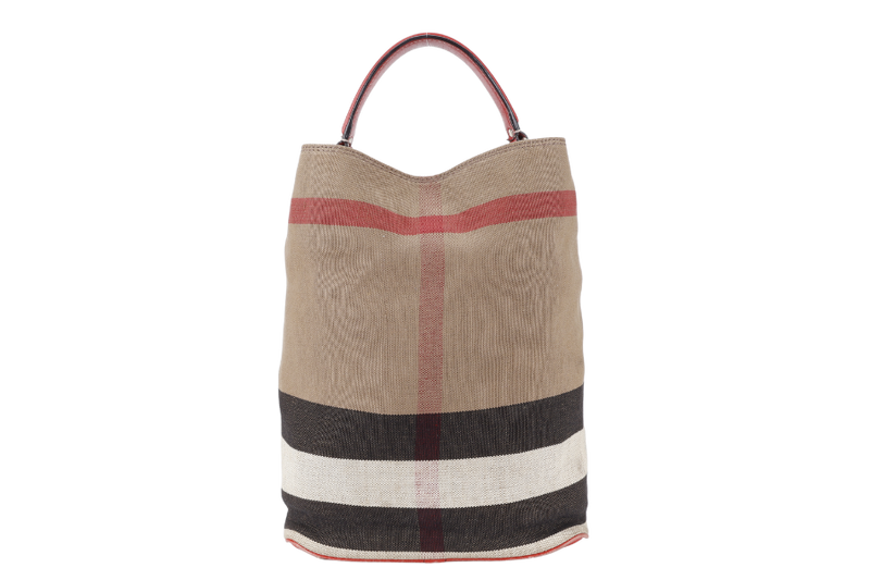 BURBERRY ASHBY CHECK CANVAS BUCKET BAG SILVER HARDWARE WITH LEATHER STRAPS