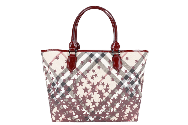 BURBERRY STARRY SUPERNOVA CHECK TOTE MAROON TRIM PATENT WITH DUST COVER