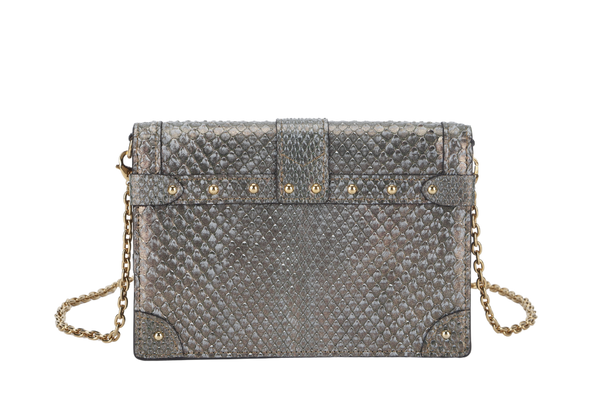 LOUIS VUITTON TRUNK CHAIN WALLET (N99721) PYTHON METALLIC LEATHER GOLD HARDWARE WITH CHAIN, STRAP AND DUST COVER