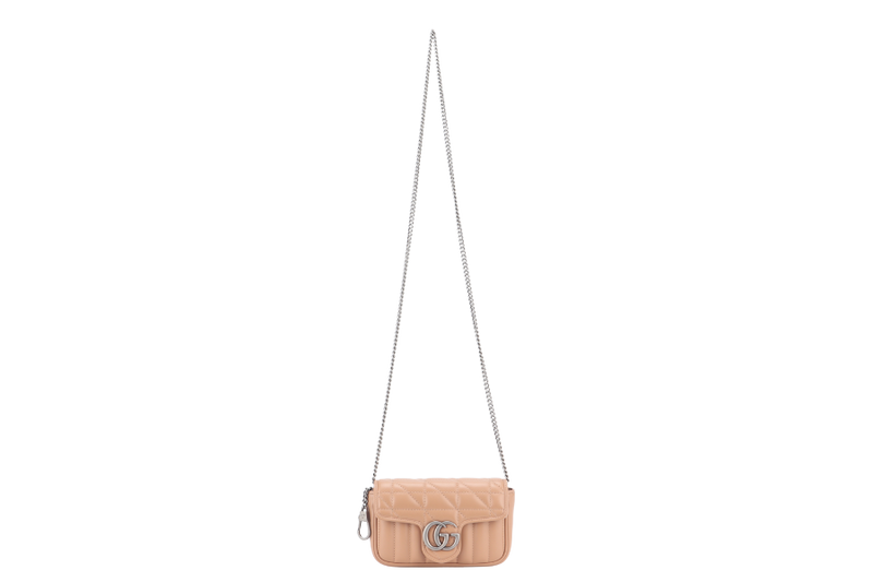 GUCCI GG MARMONT SUPER MINI BEIGE MATELASSE CHEVRON LEATHER RUTHENIUM HARDWARE WITH DUST COVER AND BOX