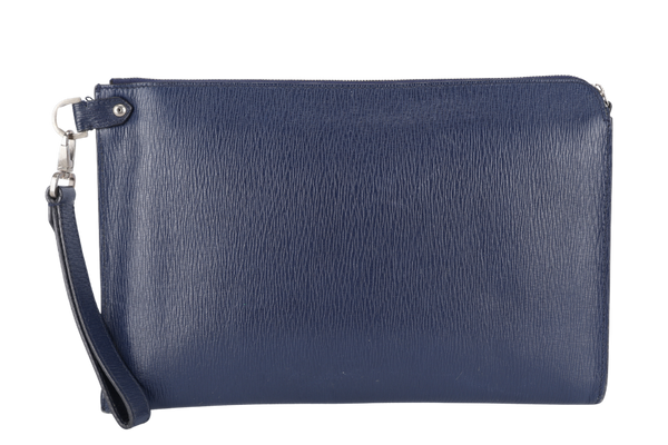 SALVATORE FERRAGAMO CLUTCH BAG (FZ-24-9406) BLUE LEATHER SILVER HARDWARE WITH WRIST STRAPS NO DUST COVER