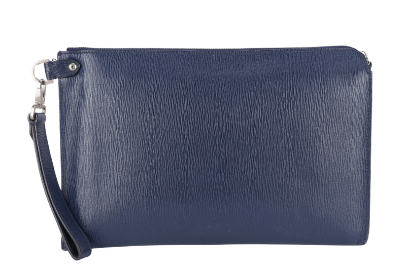 SALVATORE FERRAGAMO CLUTCH BAG (FZ-24-9406) BLUE LEATHER SILVER HARDWARE WITH WRIST STRAPS NO DUST COVER