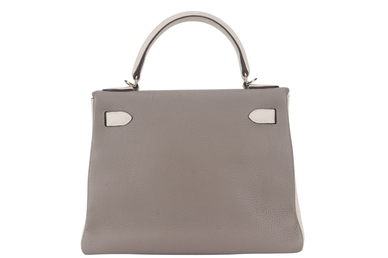 HERMES KELLY 28 HSS STAMP C (YEAR 2018) RETOURNE GRIS ASPHALTE TRENCH TOGO LIGHT GOLD HARDWARE WITH STRAPS AND DUST COVER NO KEYS & LOCK